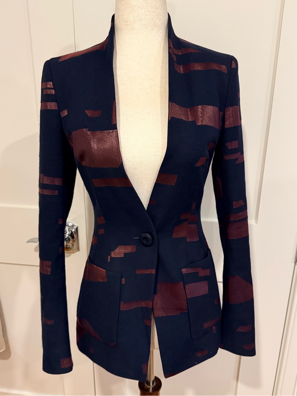 Escada Navy Blue and Metallic Burgundy Patterned Blazer